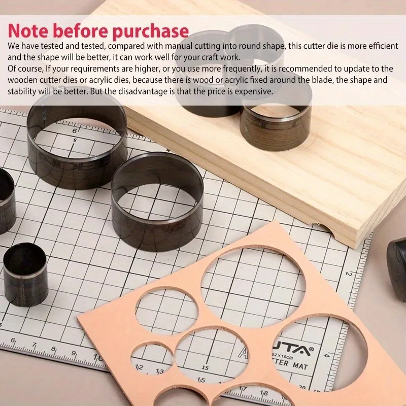 Leather Cutting Die Press - ชุดเครื่องมือสำหรับงานฝีมือหนัง 7 ชิ้น ประกอบด้วยแม่พิมพ์ตัดวงกลมแบบคม ที่ตัดลายวงกลม และชุดตอกรูกลม