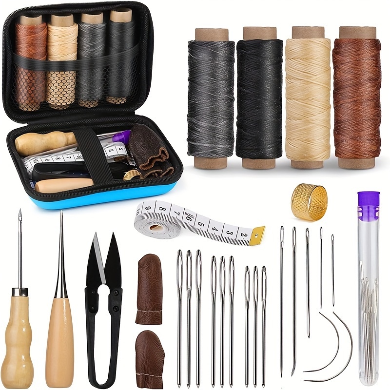 Leather Creaser Machine - ชุดอุปกรณ์เย็บหนัง, ชุดซ่อมหนังพร้อมเข็มตาใหญ่และด้ายเคลือบแว็กซ์, เครื่องมือทำงานหนังสำหรับงานหุ้มเบาะ, งานฝีมือ DIY